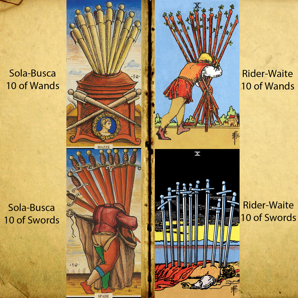 The 10s of Sola-Busca and Rider-Waite Tarot
